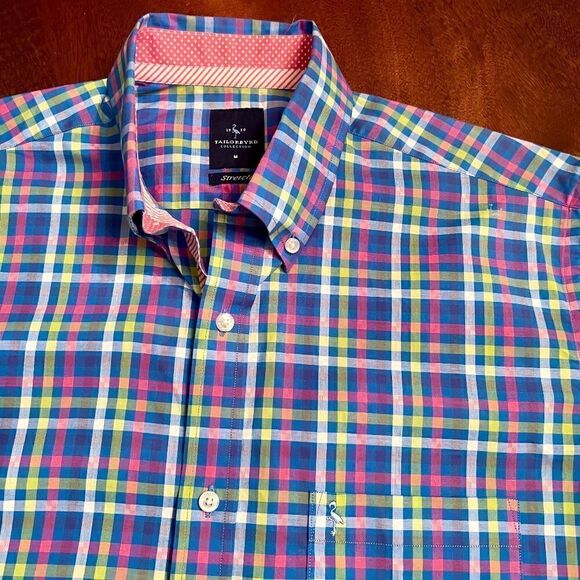 NWOT Men's Tailorbyrd Stretch Cotton Colorful Plaid Button Down Shirt Sz MEDIUM - Picture 3 of 5